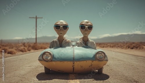 Two cartoon-style aliens with large heads and sunglasses sitting in a vintage car on a desert road