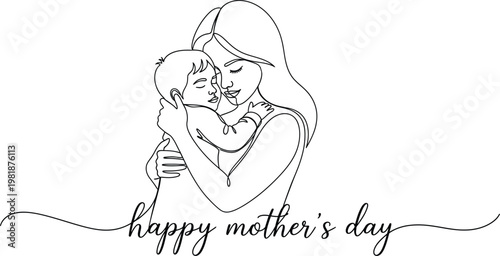 Continuous single line drawing of mother and child with happy mothers day text love and care concept minimalist illustration