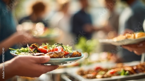 Group of diverse people at an office party reaching for assorted food on buffet table
