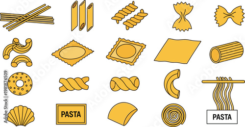 Pasta Types Vector Set with Spaghetti Penne Ravioli Fusilli Macaroni and Italian Food Shapes