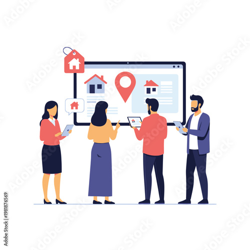 Group of professionals evaluating a real estate map on a large screen.