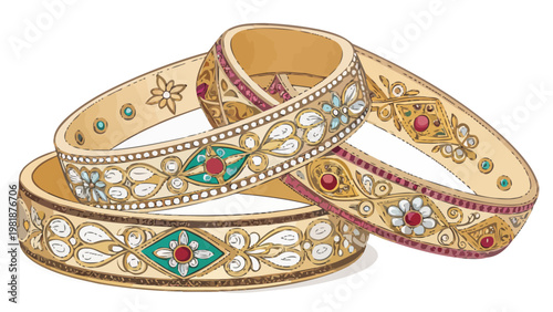 Ornate gold bangles with colorful gemstones and intricate designs inspired by traditional desi heritage jewelry