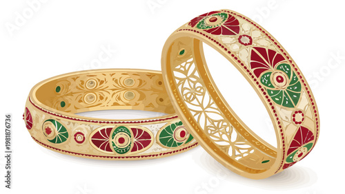 Intricately designed gold bangles with floral patterns and vibrant red green enamel details traditional indian jewelry