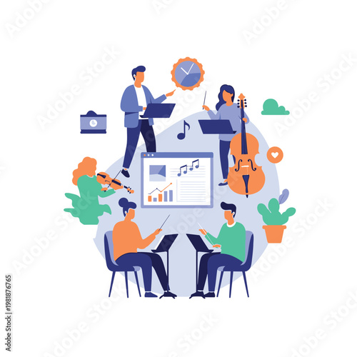 Group of musicians rehearsing in a digital learning studio.