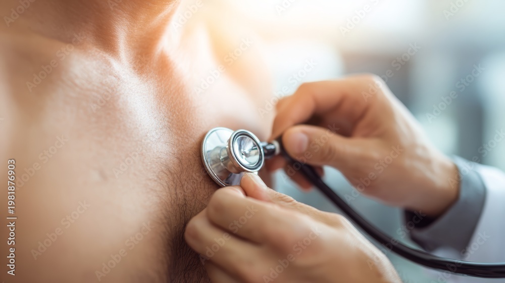 Fototapeta premium Doctor examines patient using stethoscope in medical office setting
