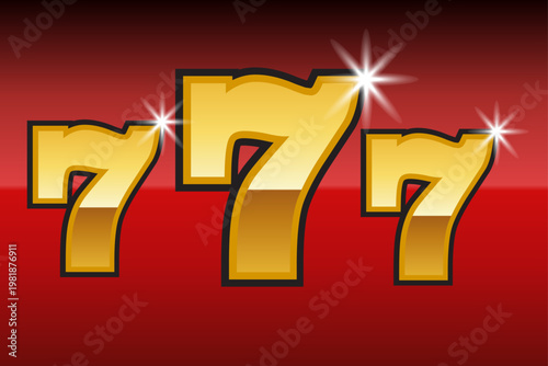 Golden 777 numbers, lucky jackpot symbols, casino icons, red background