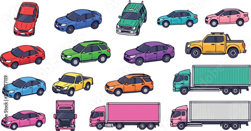 Isometric Vector Collection of Colorful Cars and Trucks