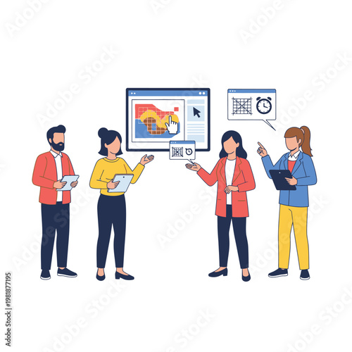 Team of professionals presenting chart analysis during meeting.