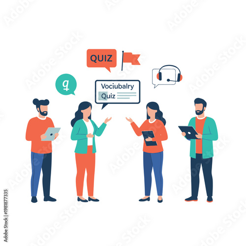 Group of students discussing vocabulary quiz together.