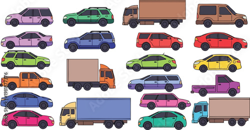 Side profile view vector illustration set of cars and trucks