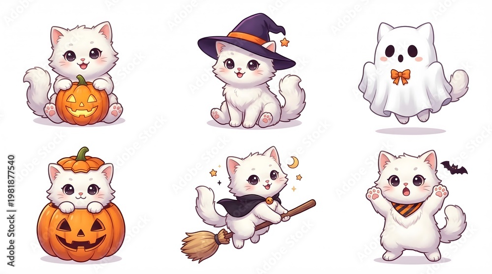 Obraz premium Adorable white cats in Halloween costumes and spooky decorations