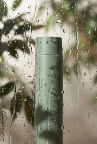 Minimalist sage green bottle mockup against a blurred background of tropical palm leaves behind rain-streaked glass. A clean, aesthetic template for branding, hydration products, or sustainable design