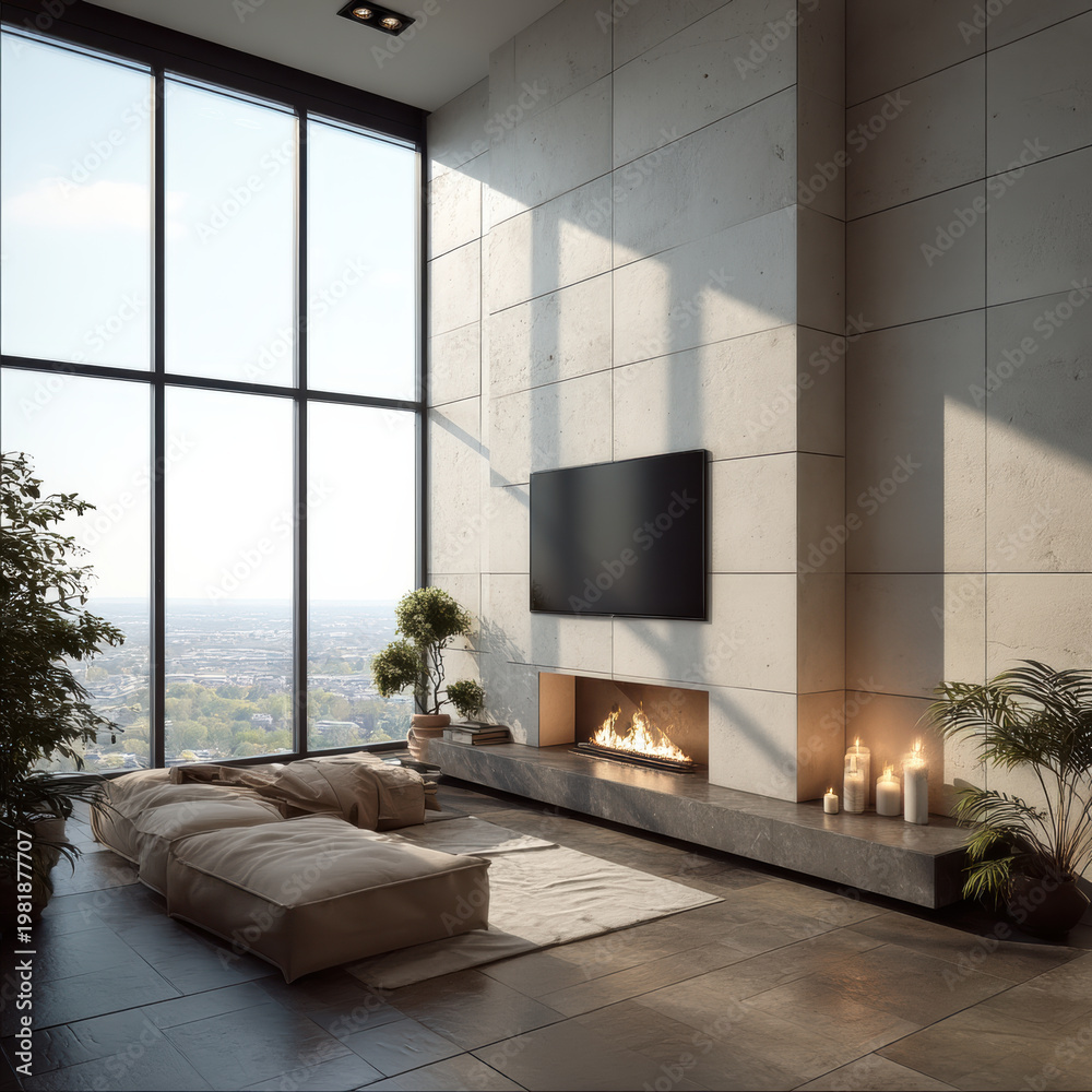 Naklejka premium Modern living room interior with large window, beige sofa, fireplace, candles, indoor plants, city view, and warm sunlight ambiance