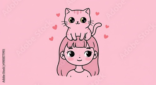 Sweet Pink Kawaii Girl with Adorable Striped Cat on Head and Floating Hearts.