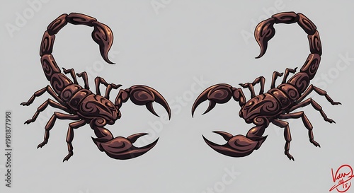 Symmetrical Duality - Two Illustrated Scorpions in a Confrontational Stance.