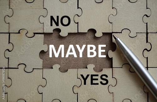 Quadro su tela Wooden puzzle pieces with the words No maybe Yes, self-development concept, hesi