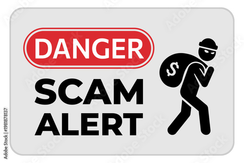 Danger scam alert sign vector illustration with hacker icon, money theft symbol, fraud, phishing and cybercrime concept. 