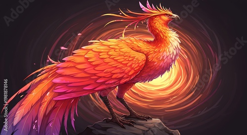 Radiant Phoenix with Fiery Aura and Majestic Plumage Against Dark Swirling Background.