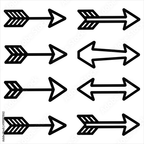 Set of eight black and white arrow with fletching and double heads