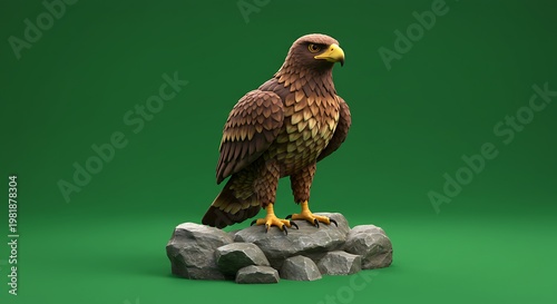 Regal Brown Eagle Perched Majestically on Rocks Against a Solid Green Studio Backdrop.