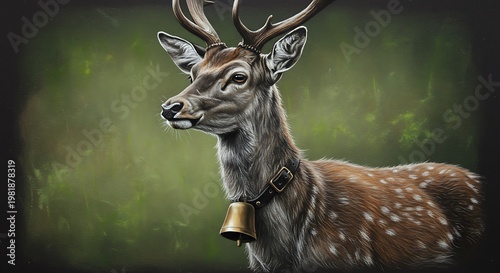 Regal Fallow Deer with Golden Bell and Antlers, Digital Art in a Serene Forest.
