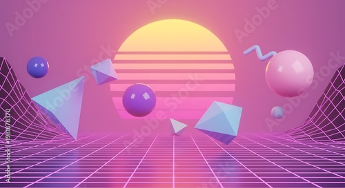 Retro-futuristic 80s Synthwave Sunset with Floating Geometric Shapes and Grid Landscape.