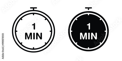 1 minute icon in black and white color. Solid and linear icons