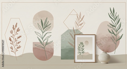 Serene Abstract Botanical Art - Muted Earth Tones, Organic Shapes, and Minimalist Plant Motifs.