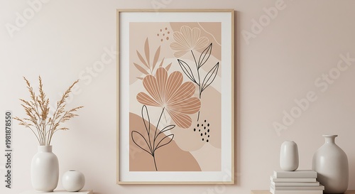 Serene Abstract Floral Artwork - Neutral Tones, Minimalist Botanical Design in Modern Frame.