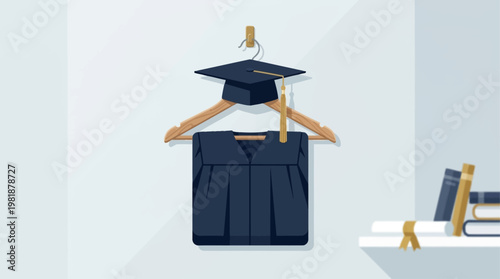 A simple flat design illustration showcasing a graduation gown and cap neatly arranged on a hanger, symbolizing preparation and anticipation for the graduation ceremony.