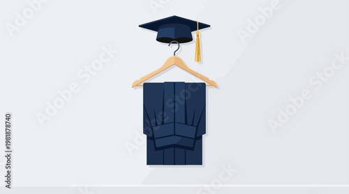 A simple flat design illustration showcasing a graduation gown and cap neatly arranged on a hanger, symbolizing preparation and anticipation for the graduation ceremony.