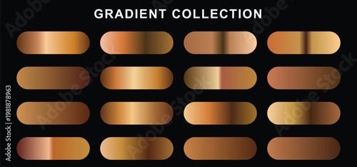 Rich Copper Gradient Collection, a set of 16 metallic bronze and rose gold color swatches, perfect for modern graphic design, UI elements, and luxurious branding backgrounds