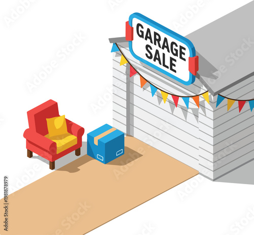 Isometric Illustration of a Residential Garage Sale Event
