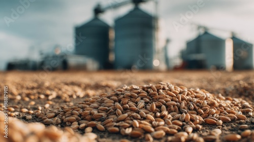 Wheat grains scattered on soil in front of industrial grain silos with blurred background, capturing rural agriculture and storage facilities