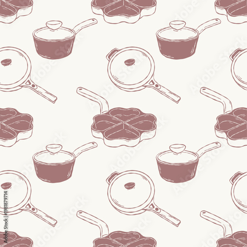Hand drawn cookware pattern with saucepans pans and divided skillet