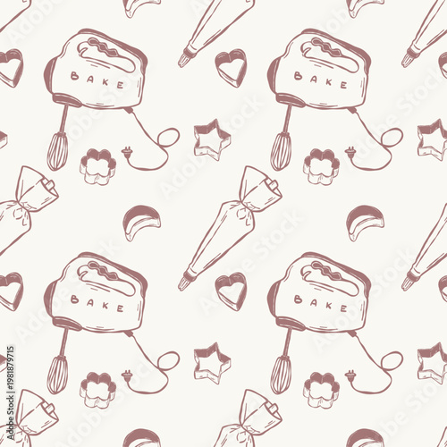 Hand drawn baking pattern with toaster piping bag cutters and whisk