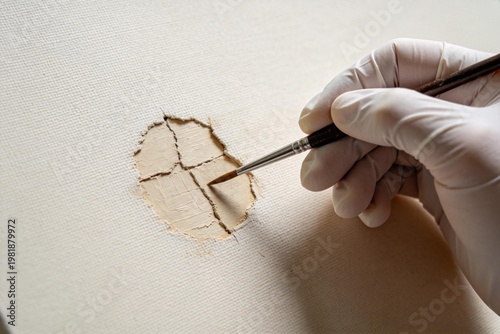 Hand restoring damaged canvas with brush