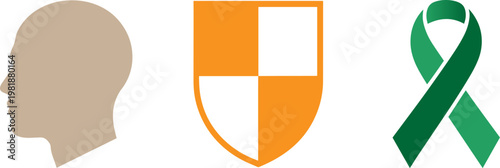 Mental Health Awareness Icon Set with Human Profile Shield and Awareness Ribbon for Medical and Safety Concepts