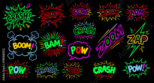Neon Comic Sound Effects Collection - Colorful Action Words POW BOOM CRASH ZAP BAM in Burst Shapes on Black Background