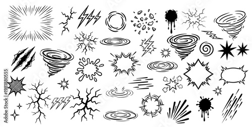 Hand Drawn Comic Action Symbols Collection - Speed Lines Bursts Cracks Tornadoes and Lightning Bolts on White Background