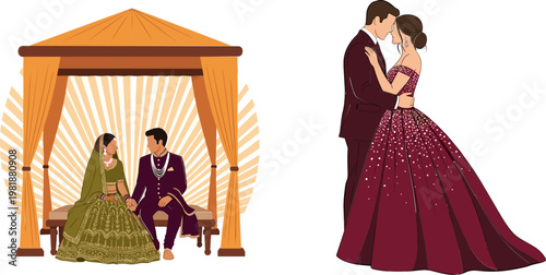 Indian Wedding Ceremony Couple Under Mandap and Romantic Western Bride Groom Dancing in Elegant Attire for Cultural Marriage Illustration Design