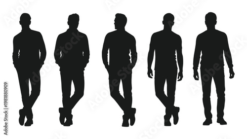 A collection of six silhouetted male figures each in a different relaxed standing pose