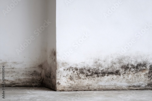 Black mold growing on a damp white wall in a corner. Water damage and moisture problem in a house basement. Fungal infestation background with copy space