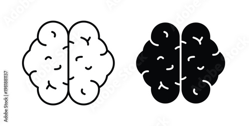 Brain icon in black and white color. Solid and linear icons