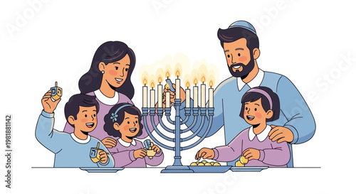 Jewish Family Lighting Menorah for Hanukkah Celebration