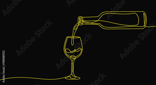 Minimalist golden line art of wine bottle pouring into glass on black background