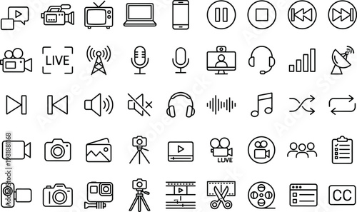 Multimedia control and communication line icon set, video, audio, live streaming, recording, broadcasting symbols, modern outline icons for UI UX design