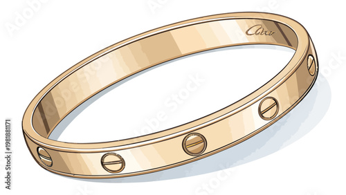 Elegant gold circular bracelet with polished metal and decorative details on white background
