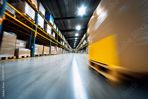Speed and movement in a retail warehouse with rows of shelves, pallets and forklift trucks