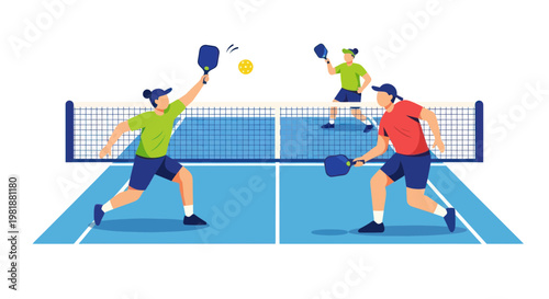 Pickleball Game: People playing sports on a court with a net, paddles, and ball.